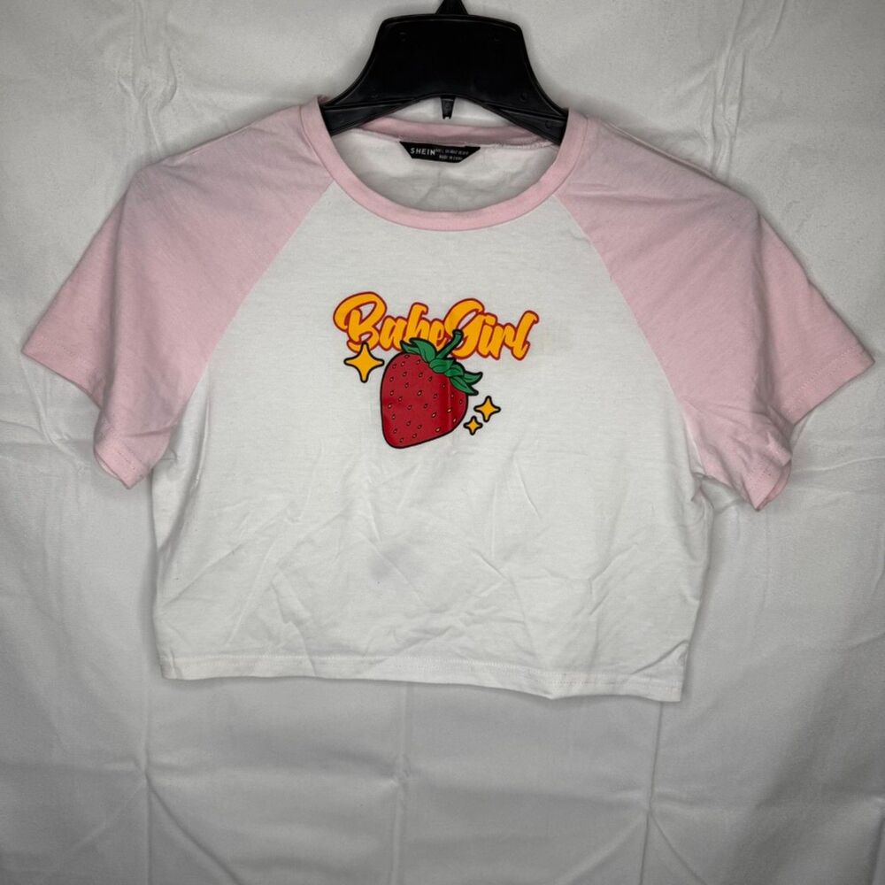 SHEIN Slogan & Strawberry Print Raglan Sleeve Crop Tee Strawberry Babygirl